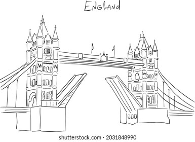 Tower Bridge, sightseeing and landmark of London, England, UK. Hand Drawn vector Illustration