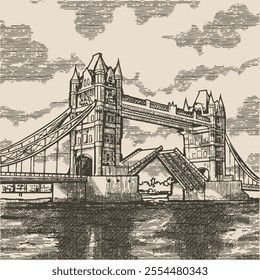 Tower Bridge, the symbol of London, illustration in the style of a medieval engraving