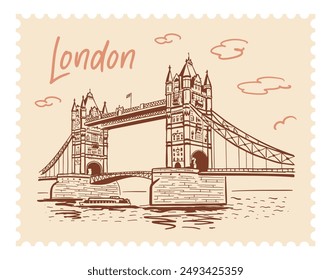 Tower Bridge, vector illustration, hand sketch style. London landmarks on a postage stamp.