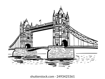 Puente de la torre, Ilustración vectorial, estilo de dibujo a mano. Atracciones en Londres.