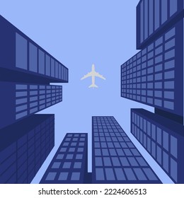 Tower building Image seen from below with sky and airplane background asset vector illustration