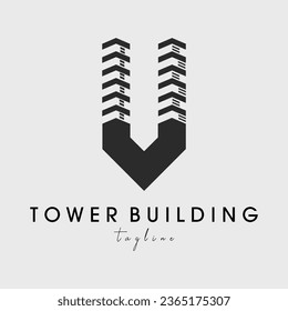 tower building letter v logo combination design