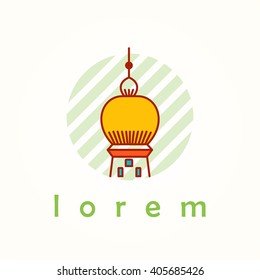 Tower and building thin line colorful vector icon. Cartoon logo, badge and label of cupola in antique, renaissance and byzantine style. Pike on striped background.