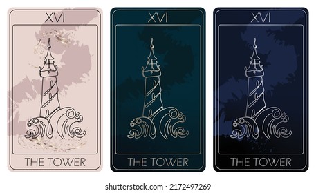 The Tower. A card of Major arcana one line drawing tarot cards. Tarot deck. Vector linear hand drawn illustration with occult, mystical and esoteric symbols. 3 colors. Proposional to 2,75x4,75 in.