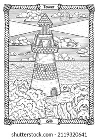 Tower card from the oracle Old Marine Lenormand deck with lighthouse.  Nautical vintage background, coloring book page, t-shirt and tattoo vector graphic, pirate adventures concept. 