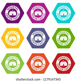 Tower castle icons 9 set coloful isolated on white for web