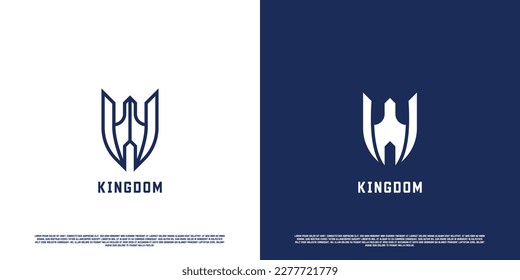 Tower castle logo design illustration. Blue castle tower brick silhouette kingdom guild kingdom. Simple medieval building design. Perfect for corporate branding.