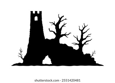 Tower and cave icon. Black silhouette. Front side view. Vector simple flat graphic illustration. Isolated object on white background. Isolate.