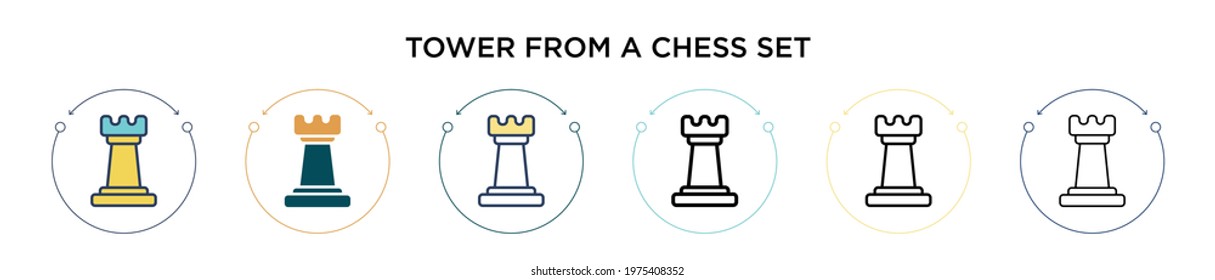 Tower from a chess set icon in filled, thin line, outline and stroke style. Vector illustration of two colored and black tower from a chess set vector icons designs can be used for mobile, ui, web