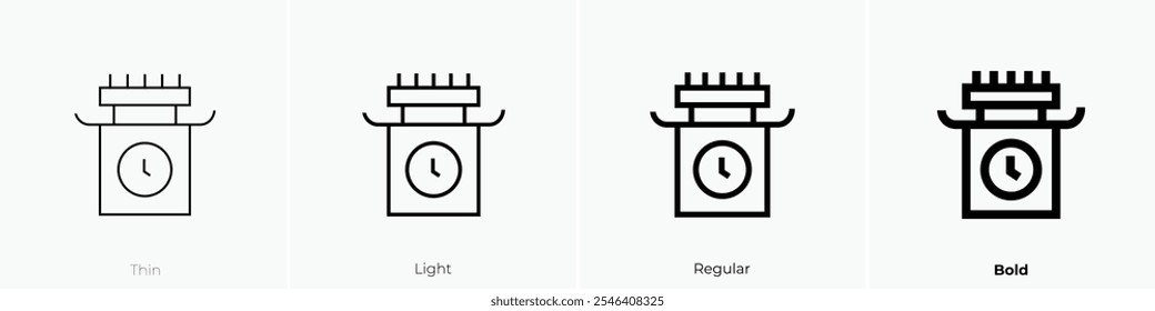 tower clock icon. Thin, Light Regular And Bold style design isolated on white background