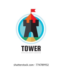 Tower - concept logo template vector illustration in flat style. Castle with red flag creative sign in circle. Fortress abstract symbol. Graphic design element. 