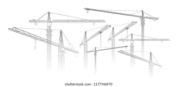 Tower construction crane. Vector line art on white