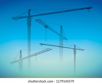 Tower construction crane. Vector line art on white