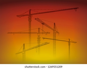 Tower construction crane vector line art on sunset