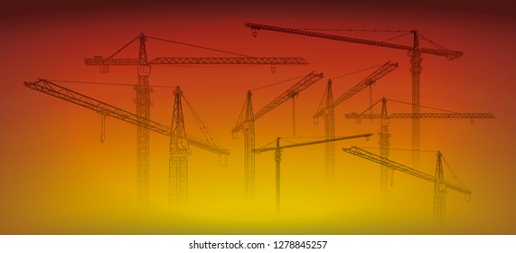 Tower construction crane vector line art on sunset