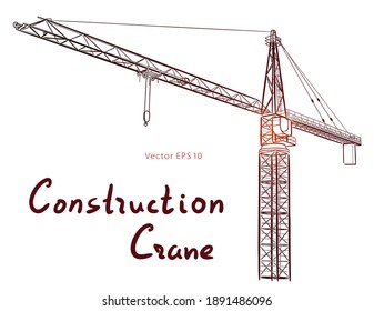 Tower construction crane. Vector line art on white