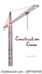 Tower construction crane. Vector line art on white