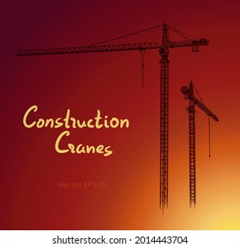 Tower construction cranes Hand drawn vector on white