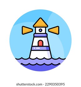 A tower containing a beacon light to warn or guide ships at sea, well designed icon of lighthouse