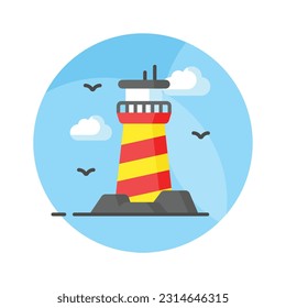 A tower containing a beacon light to warn or guide ships at sea, well designed icon of lighthouse