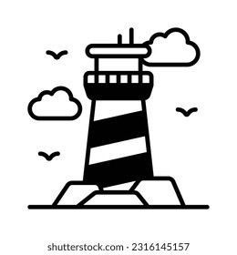 A tower containing a beacon light to warn or guide ships at sea, well designed icon of lighthouse