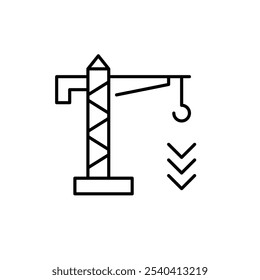 Torre grúa y flechas hacia abajo. Disminución de los costes de construcción, Precios del mercado y demanda. Icono de trazo perfecto y editable del píxel