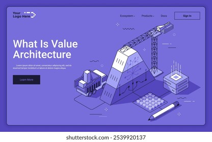 Tower crane assembling pyramid of digital datasets on purple background. Value architecture isometric landing page template. Digital directories organization 3d vector illustration for web page