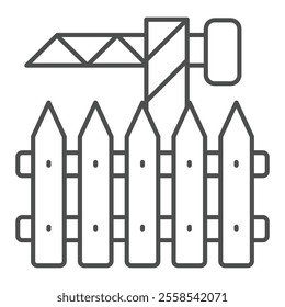 Tower crane behind fence barrier thin line icon, building construction concept. Vector graphics. Crane and wooden fence sign on white background, outline style icon for mobile or web design