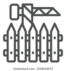 Tower crane behind fence barrier line icon, building construction concept. Vector graphics. Crane and wooden fence sign on white background, outline style icon for mobile or web design