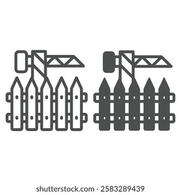 Tower crane behind fence barrier line and solid icon, building construction concept. Vector graphics. Crane and wooden fence sign on white background, outline style icon for mobile or web design