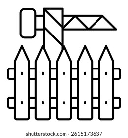 Tower crane behind fence barrier thin line icon, building construction concept. Vector graphics. Crane and wooden fence sign on white background, style mobile or design