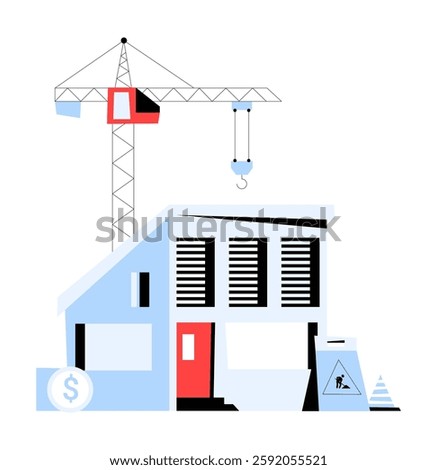 Tower Crane Building A Modern House In Flat Vector Illustration Symbolizing Real Estate Development, Construction Progress, And Urban Growth, Isolated On White Background.