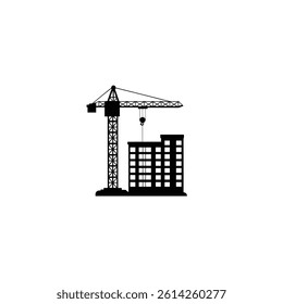 Tower crane and building silhouette on white background