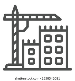 Tower crane and buildings line icon, construction concept. Vector graphics. Crane with houses, real estate sign on white background, outline style icon for mobile or web design