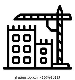 Tower crane and buildings line icon, construction concept. Vector graphics. Crane with houses, real estate sign on white background, style mobile or design