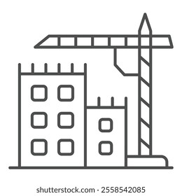 Tower crane and buildings thin line icon, construction concept. Vector graphics. Crane with houses, real estate sign on white background, outline style icon for mobile or web design