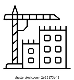 Tower crane and buildings thin line icon, construction concept. Vector graphics. Crane with houses, real estate sign on white background, style mobile or design