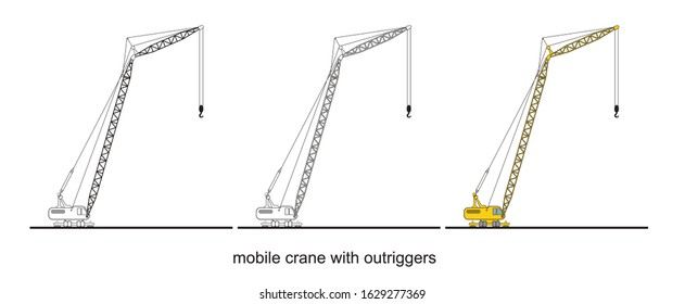 Tower Crane Components, modern mobile crane with outriggers.  Crane graphic. Crane clipart on white background.
