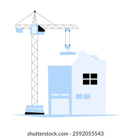 Tower Crane Constructing A Building In Flat Vector Illustration Symbolizing Urban Expansion, Civil Engineering, And Infrastructure Growth, Isolated On White Background.