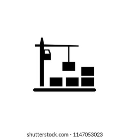 Tower Crane with Container. Flat Vector Icon illustration. Simple black symbol on white background. Tower Crane with Container sign design template for web and mobile UI element