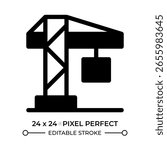 Tower crane glyph ui icon. Construction equipment, engineering. Industrial machinery. Modern technology. Black solid silhouette symbol vector. User interface element isolated, pixel perfect
