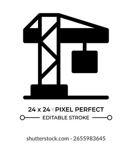 Icono de glifo de grúa de torre. Maquinaria de construcción, ingeniería. Maquinaria de Industrial. Tecnología moderna. Vector de símbolo de silueta sólida negra. Elemento de interfaz de usuario aislado, píxel perfecto