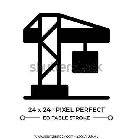 Tower crane glyph ui icon. Construction equipment, engineering. Industrial machinery. Modern technology. Black solid silhouette symbol vector. User interface element isolated, pixel perfect