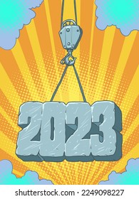 Tower crane holds 2023. Tower crane holds steel and iron 2023. Construction company announces the coming 2023.