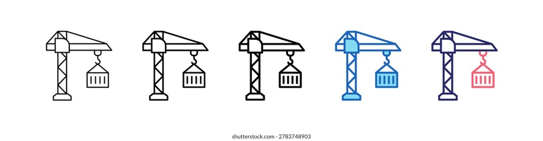 Tower Crane Icon In 5 Different Styles Set Collection.