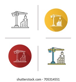 Tower crane icon. Flat design, linear and color styles. Building, constructing. Isolated vector illustrations