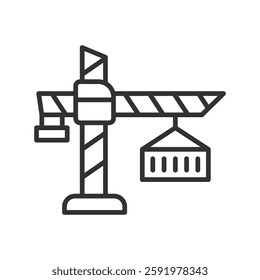 Tower crane, icon in line design. Construction, lifting equipment, building, heavy machinery, crane operator on white background vector. Tower crane editable stroke icon.