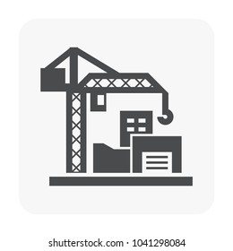 Tower crane icon. That consist of balanced beam, hook and hoist lifting used as construction equipment for tall buildings. Construction industry equipment or machinery for builder.  64x64 pixel icon.