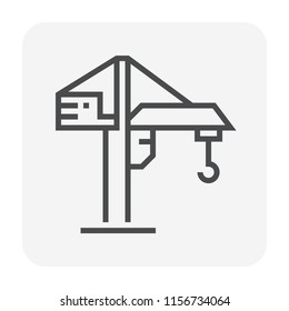 Tower crane icon. That consist of balanced beam, hook and hoist lifting used as construction equipment for tall buildings. Construction industry equipment or machinery for builder.  64x64 pixel icon.