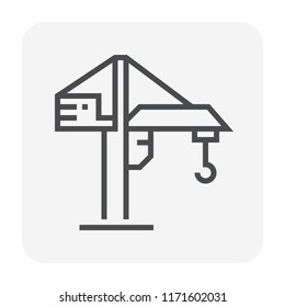 Tower crane icon. That consist of balanced beam, hook and hoist lifting used as construction equipment for tall buildings. Construction industry equipment or machinery for builder.  64x64 pixel icon.